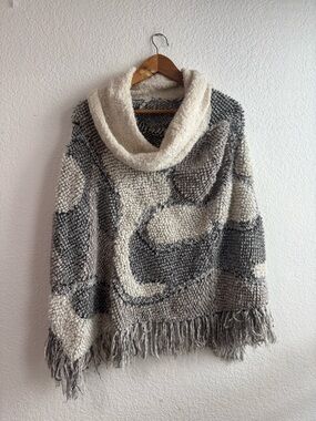 Cozy Chunky Knit Cowl Neck Sweater Poncho Gray & Cream